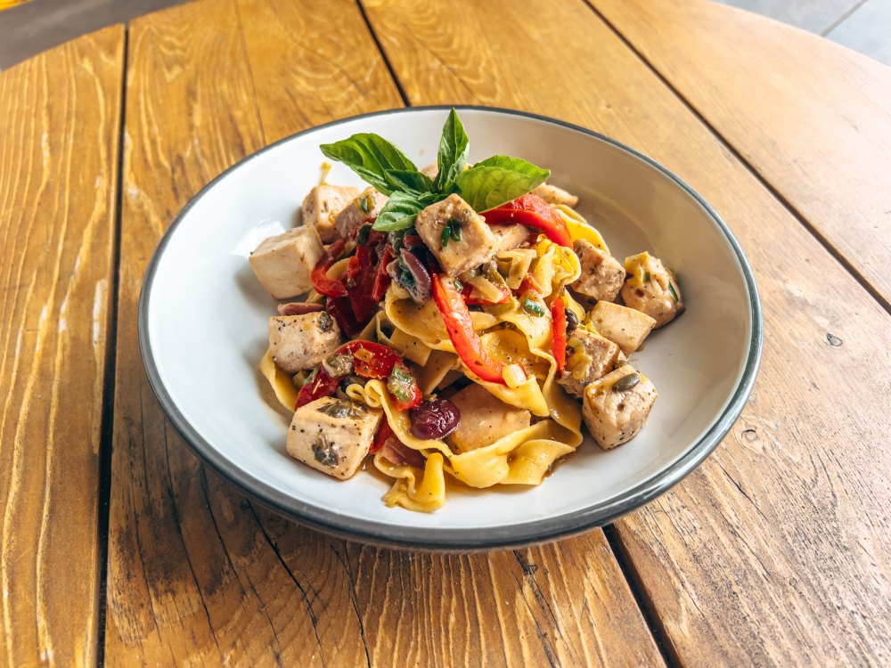 Swordfish Tagliatelle with red peppers, olives and capers